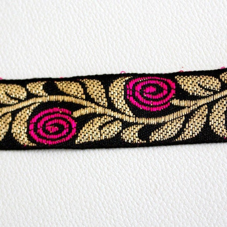 Wholesale Black Trim With Fuchsia Rose And Gold Leaves, Approx. 30mm Wide, Indian Jacquard Trim Sari Border Trim By 9 Yards