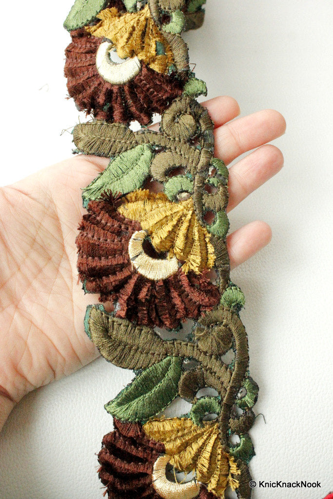 Green And Brown Floral Embroidery Trim