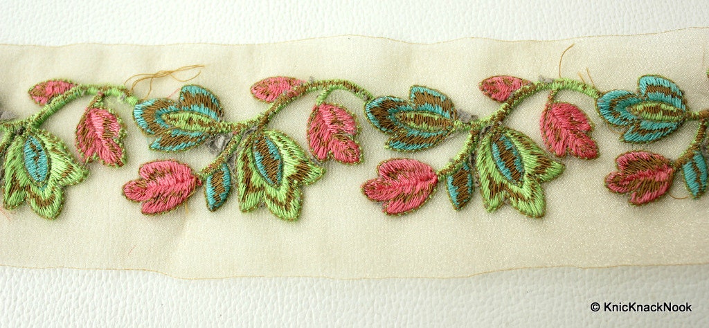 Gold Sheer Trim With Green, Blue And Pink Floral Embroidery, Approx. 65mm Wide