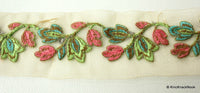 Thumbnail for Gold Sheer Trim With Green, Blue And Pink Floral Embroidery, Approx. 65mm Wide