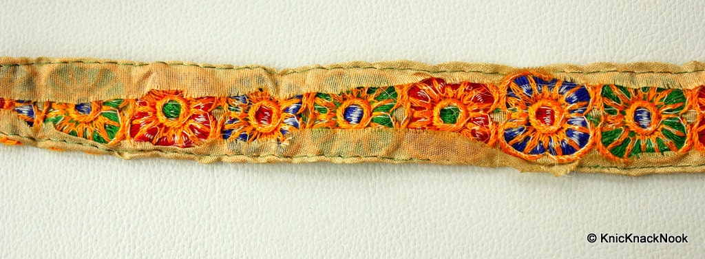 Beige Fabric Trim With Red, Blue, Green And Yellow Floral Embroidery