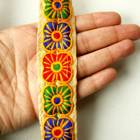 Thumbnail for Beige Fabric Trim With Red, Blue, Green And Yellow Floral Embroidery