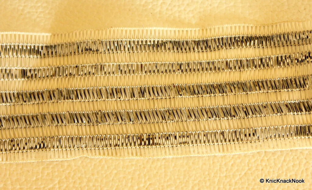 Silver And White Thread Sheer Stripes Trim Lace, Approx. 37mm wide