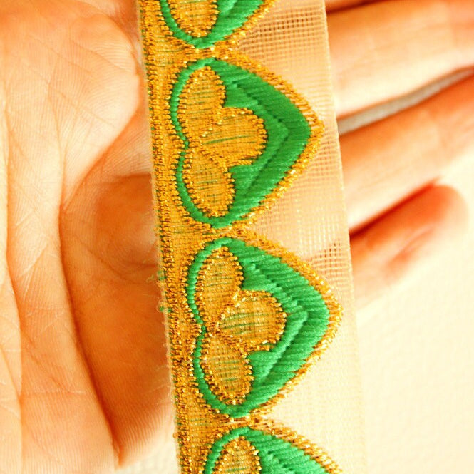 Gold Sheer Trim With Green And Gold Embroidery, Approx. 32mm Wide