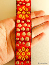Thumbnail for Red, Yellow And Silver Floral Embroidered Trim, Approx. 34mm Wide