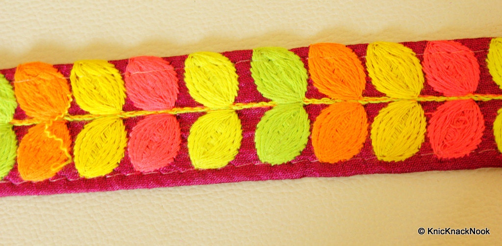 Wholesale Fuchsia Pink Fabric Trim With Pink, Yellow, Orange And Green Embroidery