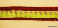 Thumbnail for Maroon Fabric Trim With Green And White Embroidery, Approx. 43mm wide