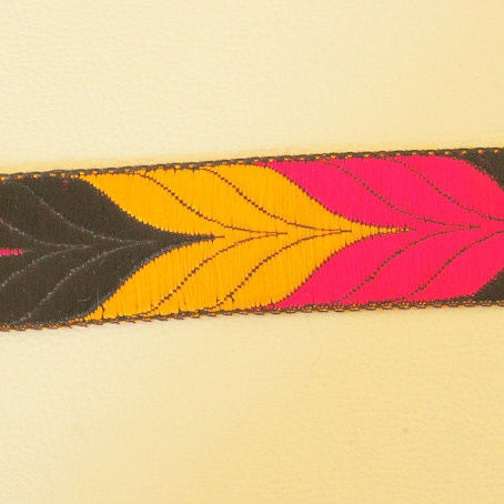 Yellow, Black And Fuchsia Pink Thread Embroidered Lace Trim, 33mm wide