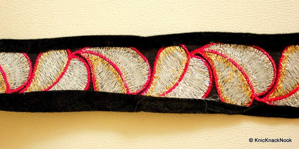 Black Velvet Trim With Gold, Silver And Fuchsia Pink Embroidery, 52mm Wide