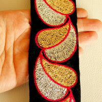 Thumbnail for Black Velvet Trim With Gold, Silver And Fuchsia Pink Embroidery, 52mm Wide