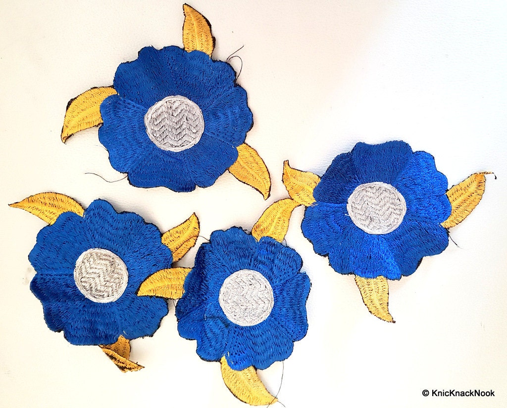 Blue And Silver Flower With Gold Leaves Embroidered Patch x 1