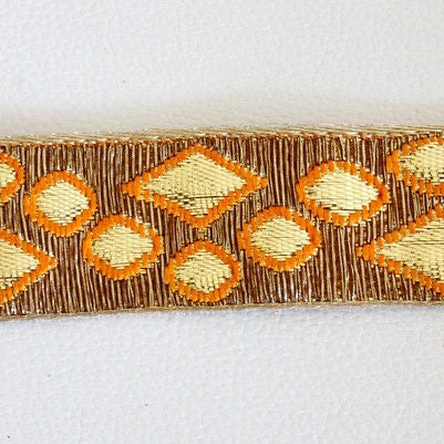 Decorative Trim Orange, Gold And Bronze Embroidered Fabric Lace Trim, Approx. 32mm Wide