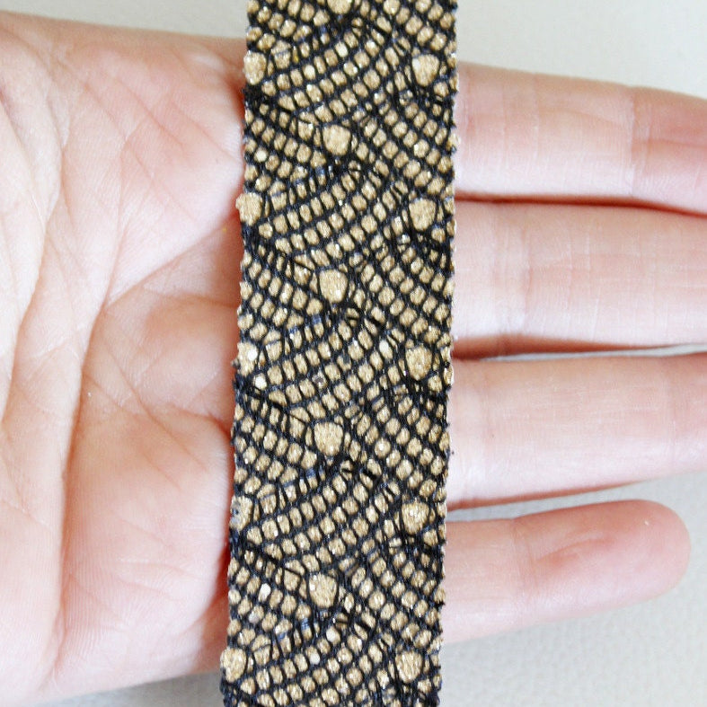 Gold Trim With Black Embroidery, Embroidered Fabric Lace Trim, Approx. 22mm Wide