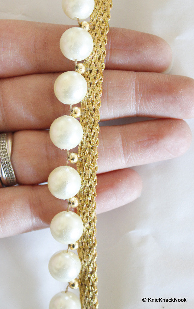 Off White Pearls and Beads With Gold Woven Thread Trim