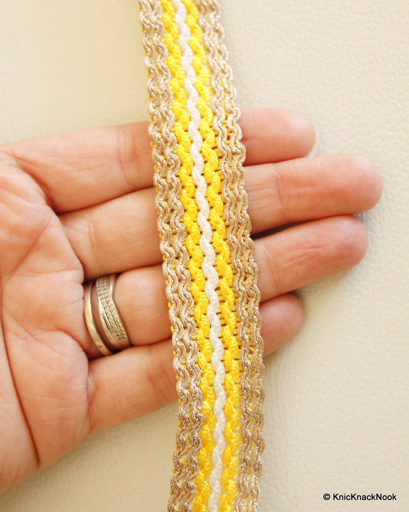 Yellow, White And Gold Thread Lace Trim, 20mm wide