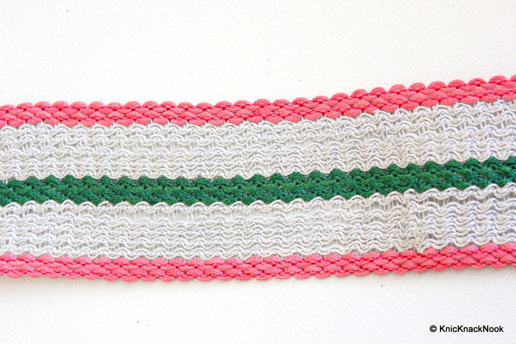 Silver, Pink And Green Thread Lace Trim, Approx. 52mm wide