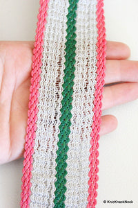 Thumbnail for Silver, Pink And Green Thread Lace Trim, Approx. 52mm wide