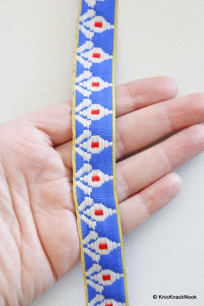 Trim By 4 Yards Jacquard Trimming Blue, White And Red Embroidery Fabric Lace Trim, Approx. 22mm Wide