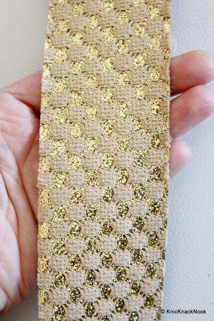 Faux Leather Trim Lace With Light Brown Embroidery And Gold Polka Dots, Approx 56 mm Wide