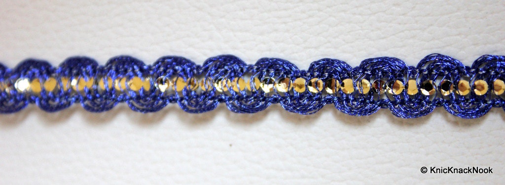 Blue Lace Trim With Silver Sequins, Approx. 10 mm wide
