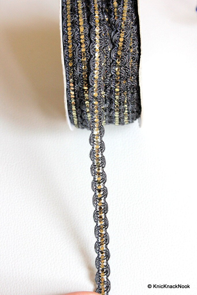 Black Lace Trim With Silver Sequins, Approx. 10 mm wide
