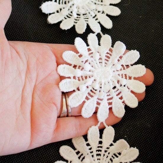 White Embroidery Cotton Floral Lace Trim, Approx. 75mm Wide