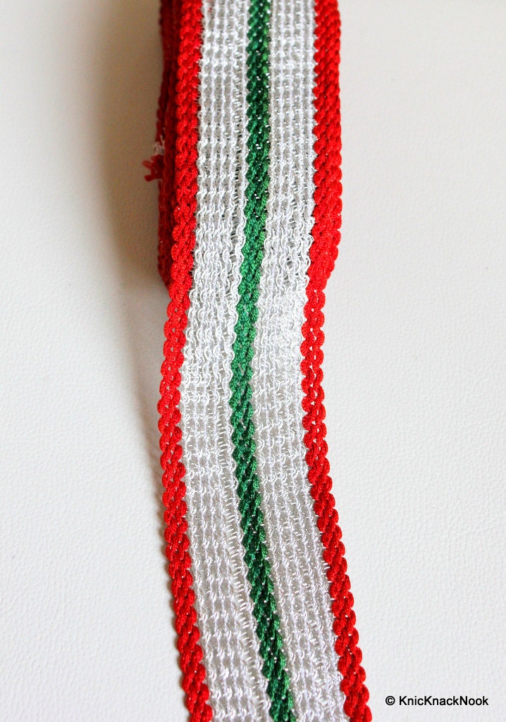 Silver, Green And Red Thread Lace Trim, Approx. 52mm wide