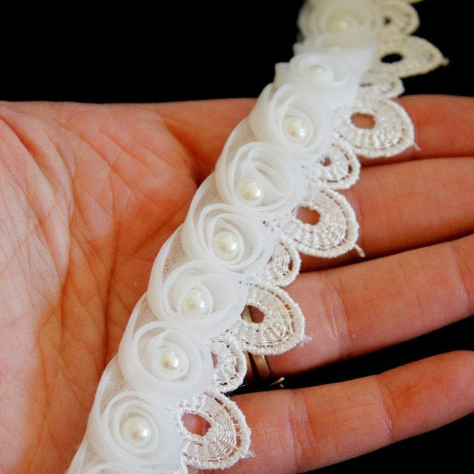 White Rose With Pearl Flower And Crochet Leaves Lace Trim, Approx. 30mm Wide