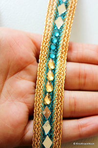 Thumbnail for Blue And Gold Woven Thread Lace Trim With Mirror And Rhinestone Embellishments, Approx. 18mm Wide Decorative Trim Crafting Trimming