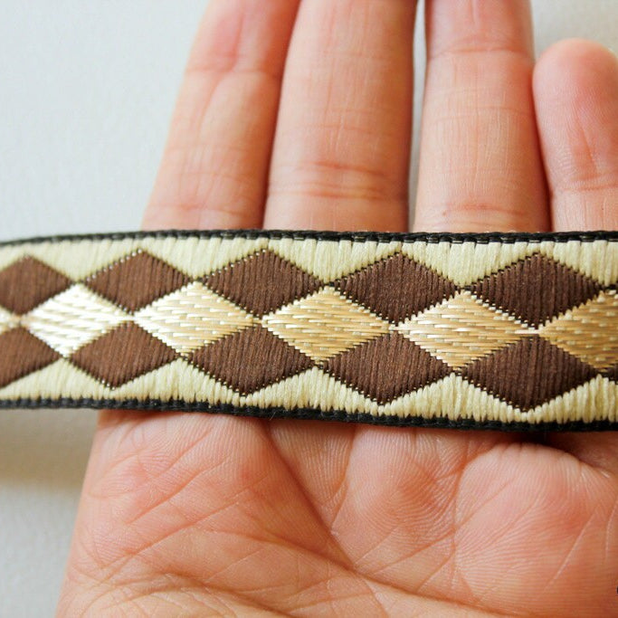 Brown And Beige Embroidery Fabric Lace Trim, Approx. 25mm Wide