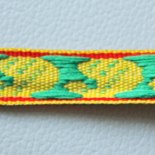 Yellow Fabric Trim With Green And Red Embroidery Thread Lace Trim, 15mm wide