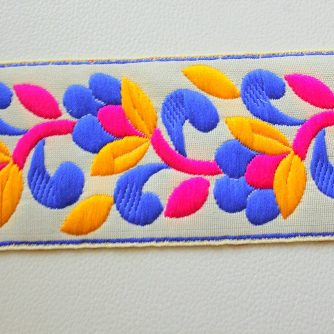 Off White Fabric Trim With Floral Embroidery, Blue, Fuchsia Pink And Yellow Trim